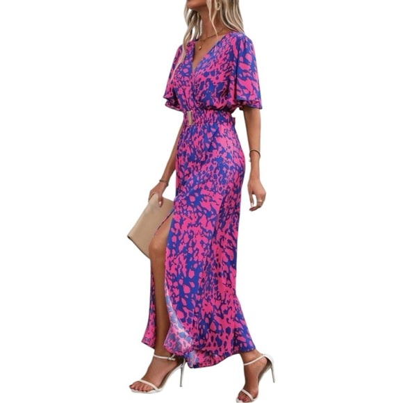 🌸 3/$15 NWOT - SHEIN LUNE Pink & Purple Printed Thigh-High Slit Dress Size XL/12 - Picture 3 of 8